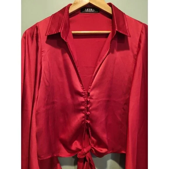 Akira Red Angelic Satin Flared Sleeve Button & Tie Crop Top Sz S V Neck Collared - Picture 2 of 8